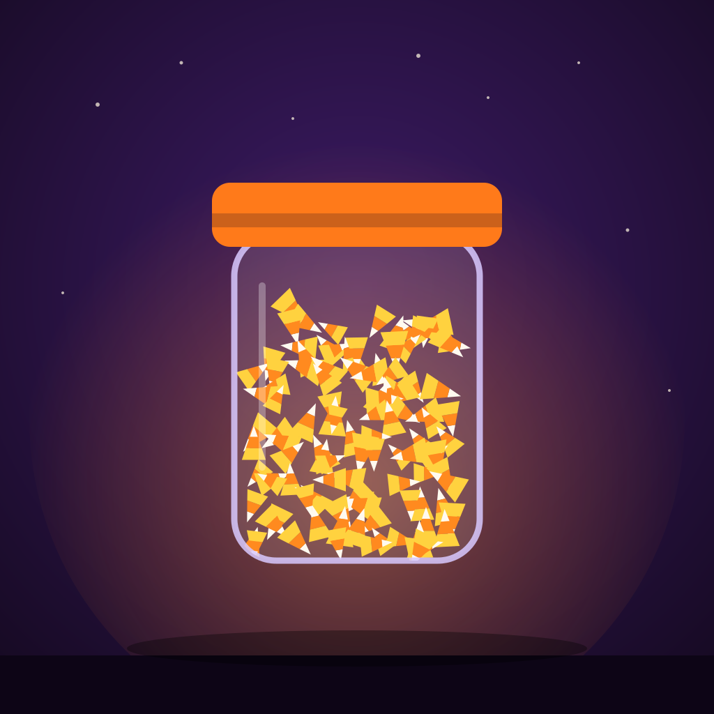 A glass jar full of candy corn with an orange lid
